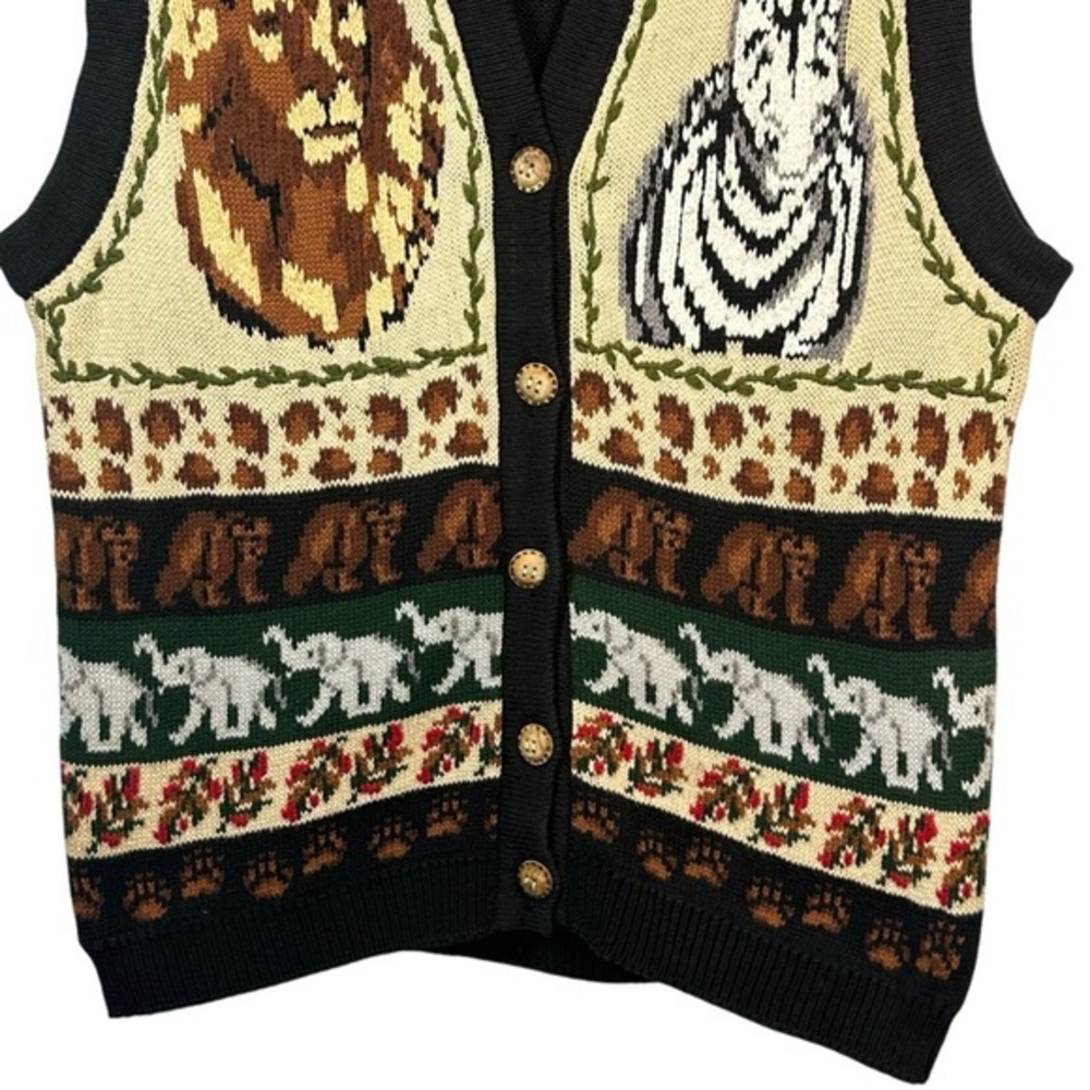 Vintage 90s Eagles Eye Safari Zebra Knit‎ Vest Size L Lion Animal Print African - Picture 5 of 15